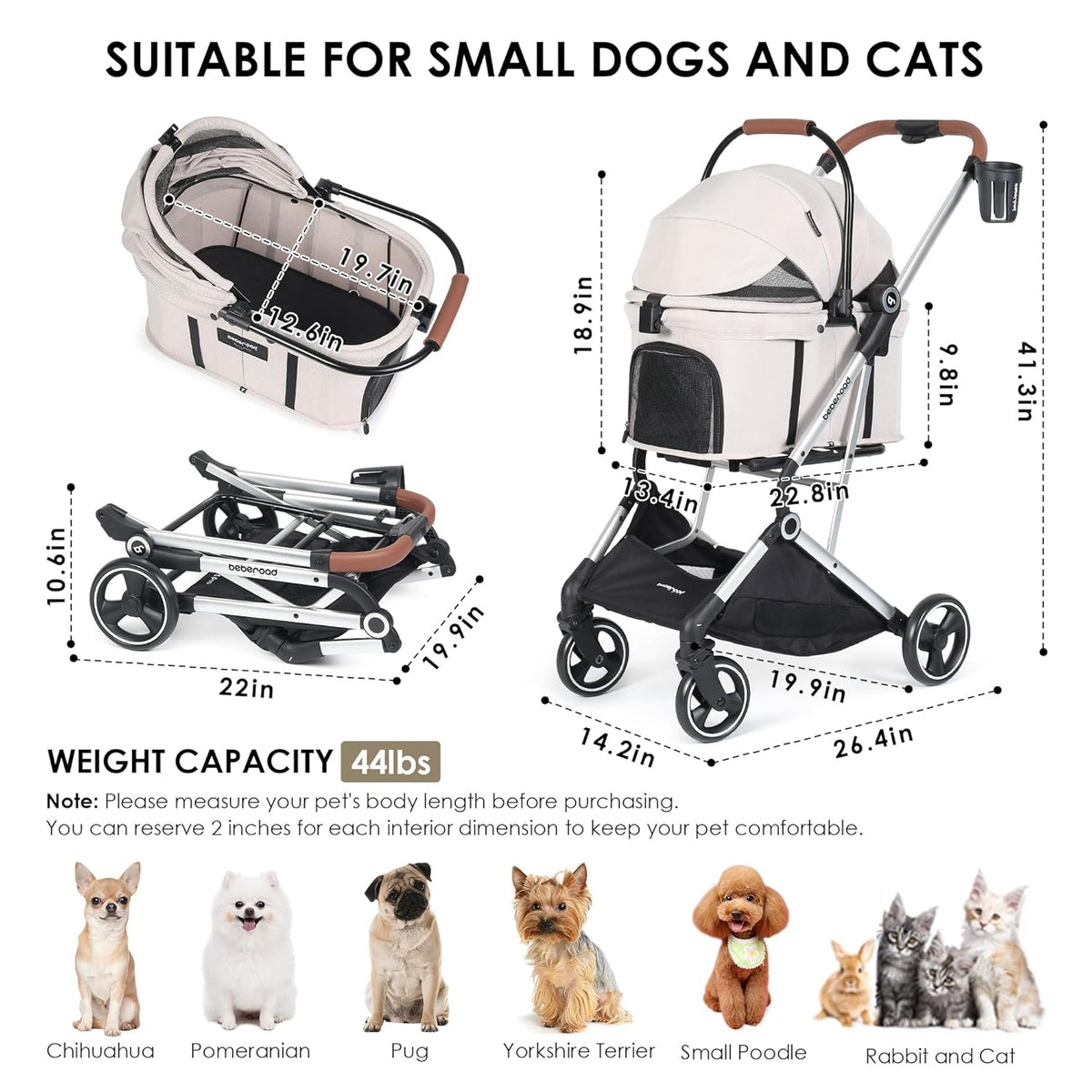 T3 Pro 3-in-1 Pet Stroller for Small Dogs & Cats – Foldable, Lightweight with Detachable Carrier, 180° Canopy & Cup Holder (Beige)