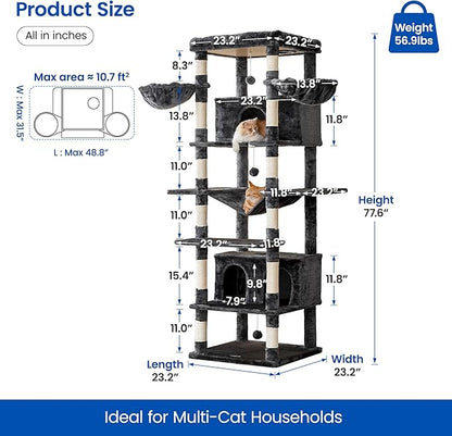 MWPO Extra Large Cat Tree, 77.6-Inch Tall Cat Tower for Indoor Cats with 2 Condos, Multi-Level Cat Stand for Large Cats, 3 Hammocks, Wide Perch, Scratching Posts, Dangling Toys, Smoky Grey
