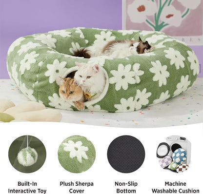 Lesure Donut Cute Jacquard Large Cat Tunnel Bed Kitten Toys for Dog Bunny | 39.5x39.5x10in,Round Large Cat Bed Tube for Multi Kittens,Pet Peekaboo Cave Toy,Spiral Hideaway,Washable Cushion,Green