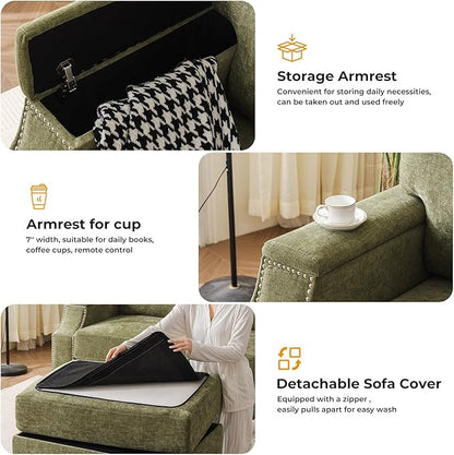 Rukefo 85" Sectional Sofa Couch with Storage Ottoman,L Shaped Couch with Armrest Organizer,3-Seater Sofa,Sofa and Chair Set,Couches for Living Room,Bedroom,Apartment,Chenille,Green