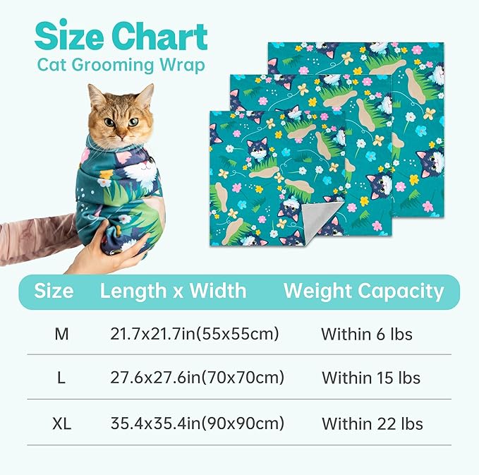 Cat Grooming Wrap, Cat Wrap for Cutting Nails, Self-Adherent Fabric Wrap for Cats, Cat Burrito Wrap Anti-Scratch, Anti-Escape, Multifunctional Swaddle Wrap Pet Tool 27.5×27.5"