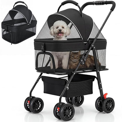 Dog Stroller for Small Dogs, Panoramic Mesh Pet Cat Stroller with Detachable Carrier, Foldable Pet Stroller up to 35 lb, with Safety Tether, Puppy Doggie Stroller for Medium Dogs 20 lbs Black
