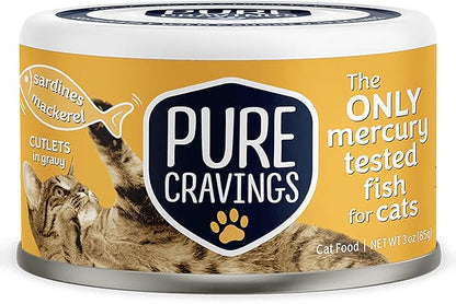 Pure Cravings Wet Cat Food Canned Mackerel and Sardine Cutlets in Gravy, Every Catch is Mercury Tested, Moist Can Fish for Cats, Grain-Free, Protein, Non-GMO, Pack of 12