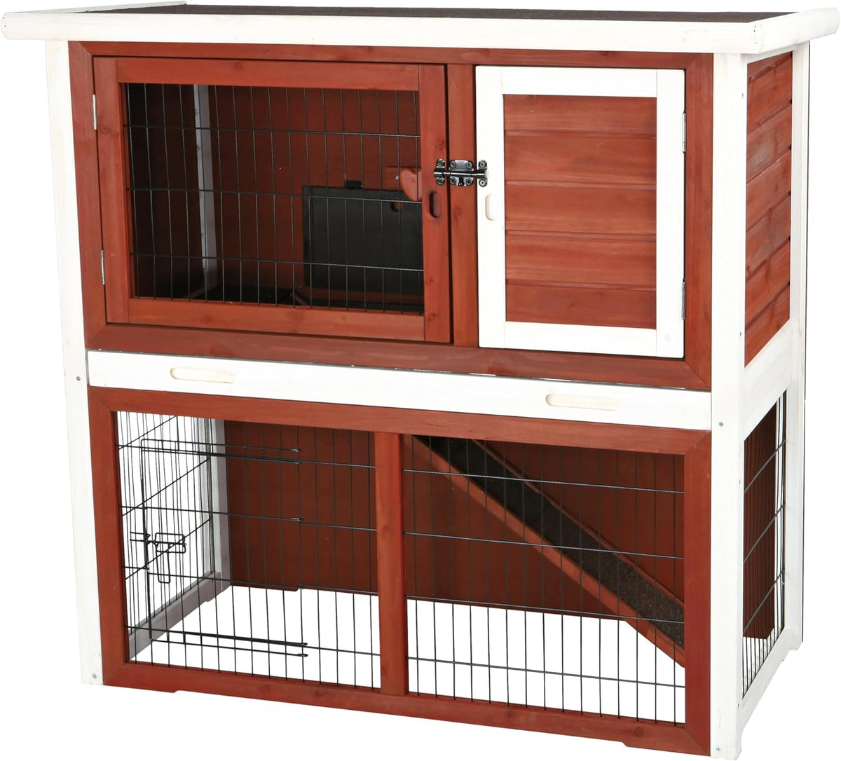 TRIXIE natura Outdoor Rabbit Hutch with Run - 2-Story Rabbit Cage with Non-Slip Ramp - Medium Elevated Small Animal House with Secure Playpen, Hinged Roof & Pull-Out Tray - in Auburn/White