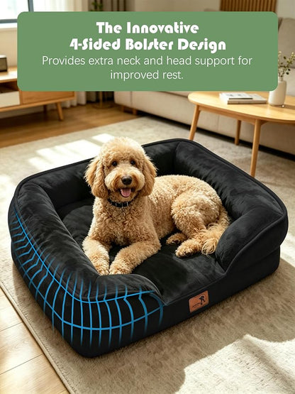 Spotted Play Orthopedic Dog Bed with Sides - Sofa Beds for Extra Large Dogs, Supportive Foam Pet Couch Bed with Washable Removable Cover, Waterproof Lining and Non-Slip Bottom, Black - XL