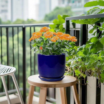 Ceramic Flower Pot 7 Inch - Cylinder 7 Inch Round Planter for Cactus Orchid Plants with Drainage Hole and Saucer, Home Office Room Desk Decor, Blue