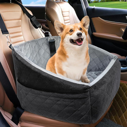 Dog Car Seat for Small Dogs,Detachable Washable Dog Booster Seat Under 30lbs, Pet Car Seat Travel Bed with Storage Pockets and Dog Safety Belt (Black/Grey)