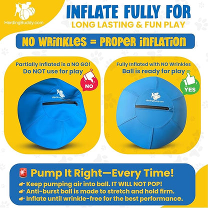 Herding Ball for Dogs - 18” Cover for Corgi, Collie, Cattle & All Herding Dogs Under 27 Pounds - Heavy Duty Dual Layered Cover - Thick Anti-Burst Inner Ball - High Flow Foot Pump
