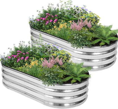 Galvanized Raised Garden Bed - 4×2×1ft (2 Packs) Planter Raised Beds for Gardening | Oval Metal Garden Planter Box with Safety Edging and Gloves for Vegetables Fruits and Flower - Silver
