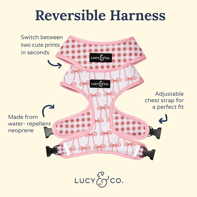 Lucy & Co. Reversible Dog Harness - Water-Repellent Neoprene, Dual-Print Design, Easy Swap Style, Adjustable Comfort Fit - Take a Bow Reversible Harness - X-Large