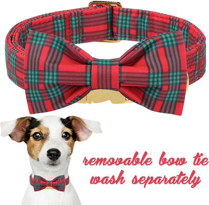 Unique Style Paws Christmas Dog Collar with Bow Red Green Plaid Cotton Puppy Collars for Small Medium Large Dogs