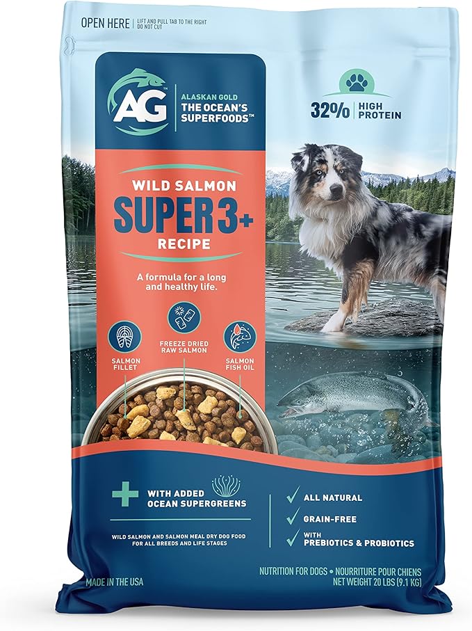 SUPER3+ (Salmon Freeze Dried Raw Salmon Fish Oil) Dry Dog Food | Puppy & Adult | Small & Large Breed | High-Protein | Grain-Free | All-Natural Nutrition | 20-lbs
