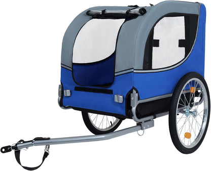 Blue-Grey Large Folding Bike Trailer for Dogs – Heavy-Duty Steel Frame, 66LB Capacity Pet Carrier for All-Terrain Cycling, Jogging & Camping Adventures!
