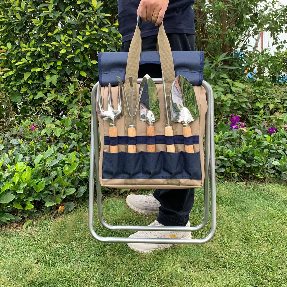 Garden Folding Gardener Stool with Gardening Tools Insulation Garden Bags Plus 5 Garden Tools and Gardening Kneeler Ideal Gift for Mother's Day/Father's Day (Navy Blue)