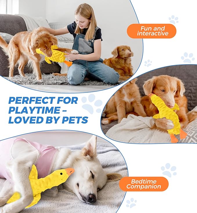 Squeaky Plush Dog Toy for All Breeds, Multifunctional Goose Dog Toy with Honking Sound, Crinkle Paper, Treat Pocket, Durable Soft Stuffed Animal for Chewing, Cuddling, Interactive Play (Yellow)