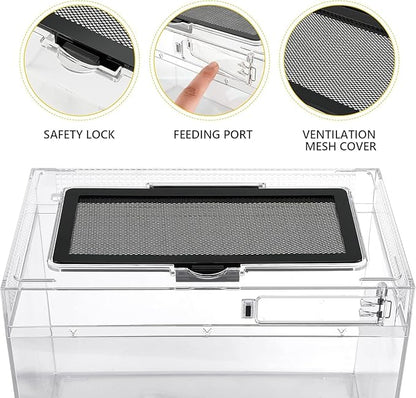 HELIME Reptile Polycarbonate Terrarium Kit 5 Piece Starter Habitat for Tarantula,Lizards,Frogs,Geckos,or Hermit Crabs,Tank with Escape-Proof Locking Lid,Hygrometer,Hide,Tweezer,Bowl,Sprayer