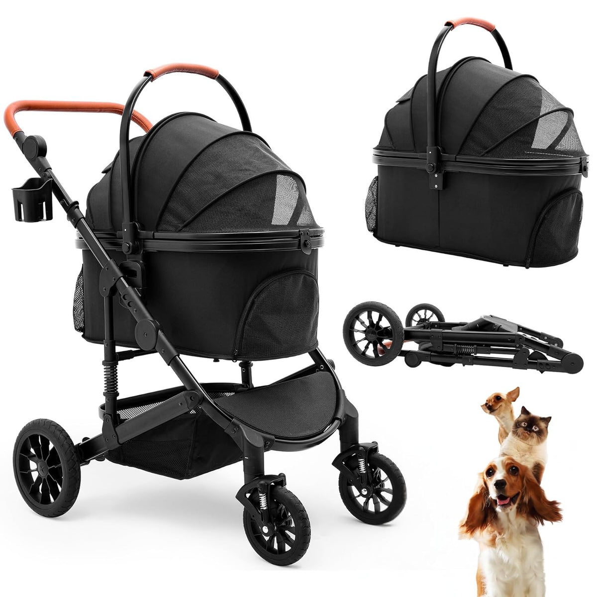 Pet Stroller with 4 Wheels, Foldable Pet Travel Carrier for Small/Medium Dogs Cats up to 50lbs, Detachble Portable Pet Bag, Storage Basket, Car Seat 3 in 1 Multifunctional (Black)