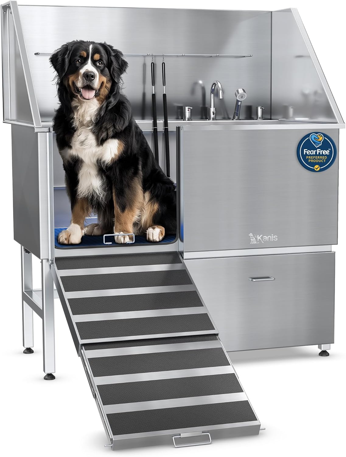 KANIS Professional Dog Washing Station - 304 Stainless Steel Pet Wash Sink & Grooming Bath Tub for Home with Ramp, Shower, Floor Grate, Storage Drawer, Faucet, Drain Kit for Large, Medium & Small Pets