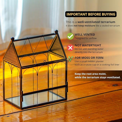 NCYP Small Glass Terrarium Enclosure with Mesh for Jumping Spiders, Micro House Shaped Small Spiders Vented Glass Terrarium, Home Decor Black, 5.8" x 3.8" x 7" (No Plants)