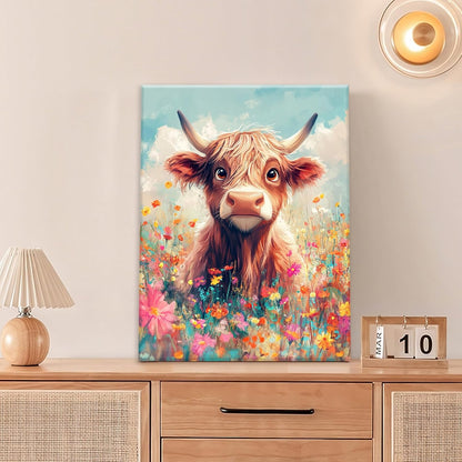 Highland Cow Wall Art Canvas Flower Cattle Wall Decor Prints Framed Painting Animal Pictures Gifts Artwork for Bathroom Living Dining Kitchen 16"x20"