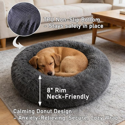 Calming Donut Dog Beds for Small Dogs Cats - Washable Removable Cover Non-Slip Bottom, Round Pet Bed Puppy Bed Warming Fluffy Faux Fur Anti-Anxiety, Fits up to 25 lbs (Dark Grey, 23")