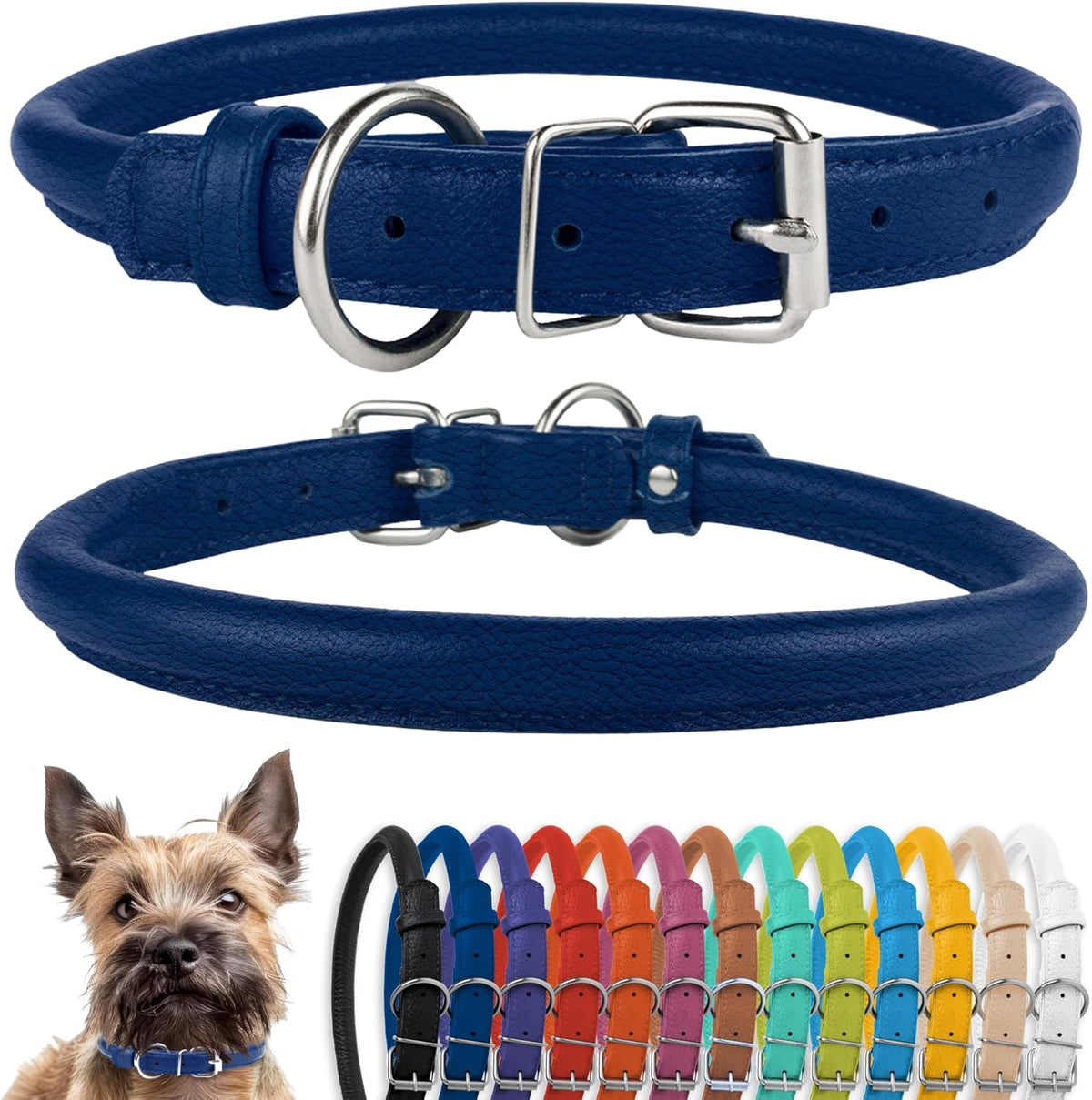 CollarDirect Rolled Leather Dog Collar, Soft Padded Round Puppy Collar, Handmade Genuine Leather Collar Dog Small Large Cat Collars 13 Colors (6-7 Inch, Deep Blue Textured)