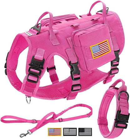Forestpaw Pink Tactical Dog Harness Tactical Dog Collar with Bungee Leash Set,No Pull Military Dog Harness for Walking Training,Adjustable for Medium Dogs,Chest 17-25"