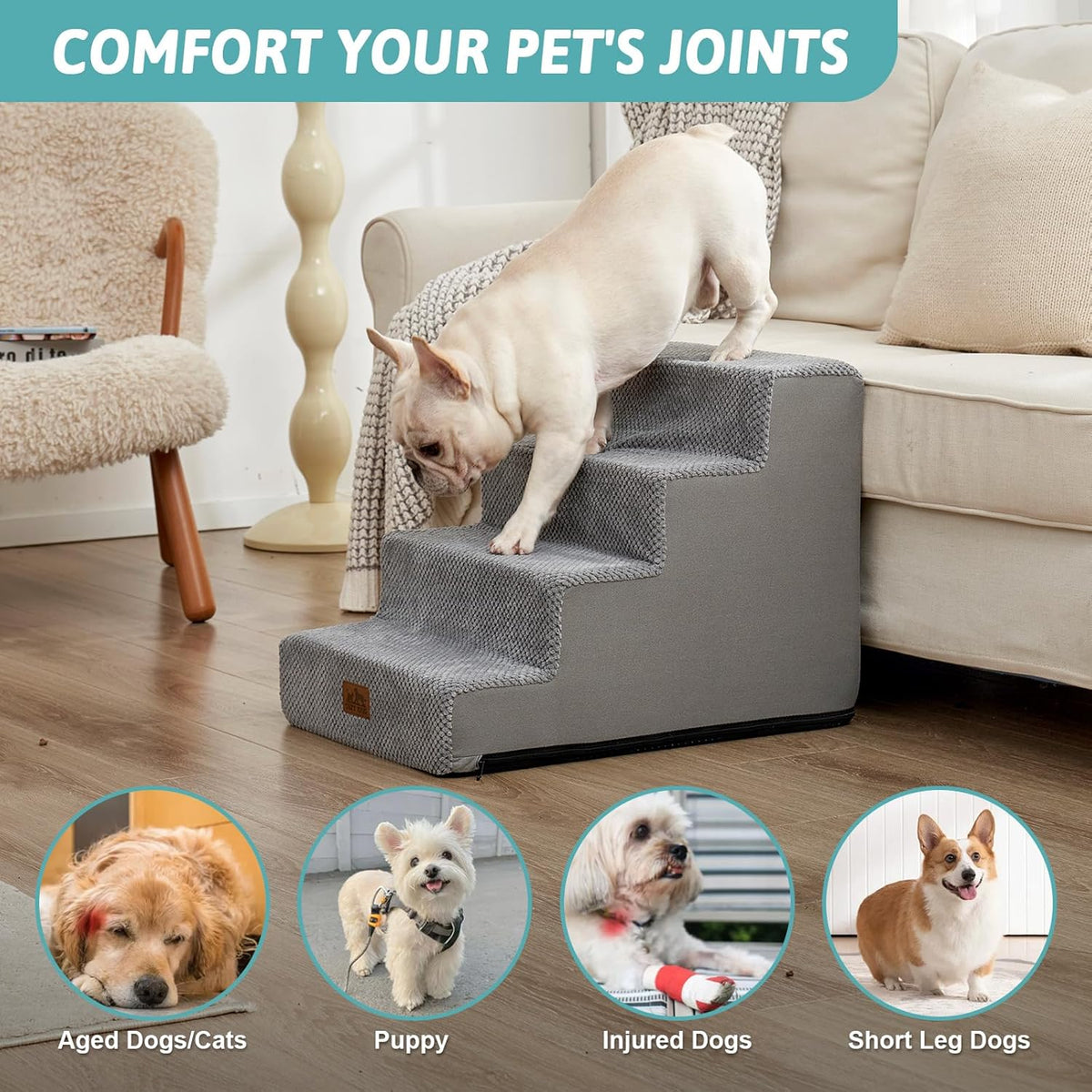 Dog Stairs for Small Dogs, 4 Tier Wider Pet Stairs for Couch and Beds, 17.7" H Non-Slip Dog Steps for Old Cats, Puppy, Small Medium Dogs, 17.7x23.6x17.7 inch, Grey