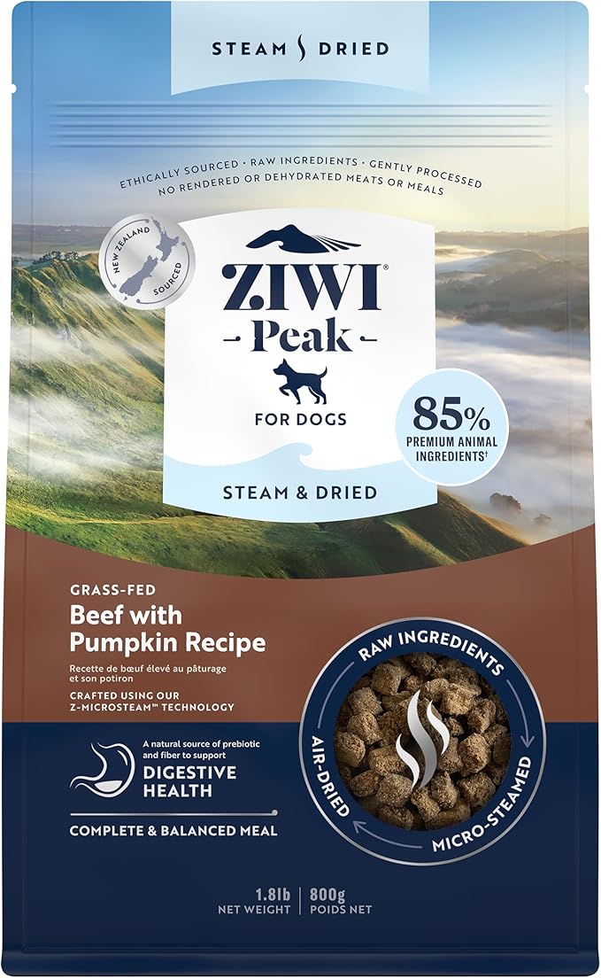 ZIWI Peak Steam & Dried Dog Food - Grass-fed Beef w/Pumpkin - High Protein, Low Carb, All Breeds & Lifestages, for Digestive Health (28.8oz)