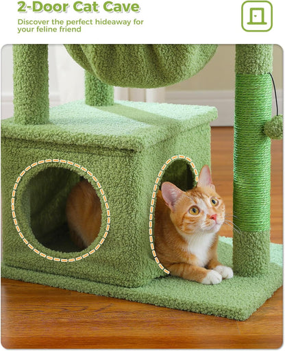 Cactus Cat Tree, 47.6" Cat Tower with 2 Metal Frame Hammock, Cat Scratching Post for Indoor Cats with 2 Removable Pompom Sticks for Kittens, Green