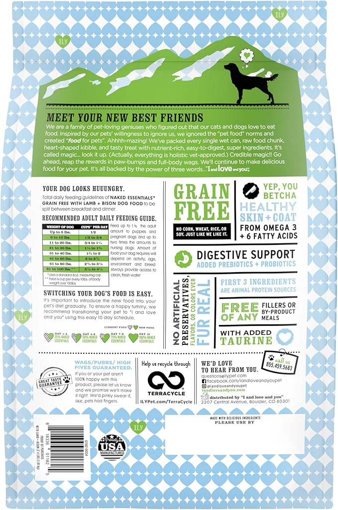 I and love and you Naked Essentials Dry Dog Food - Lamb + Bison - High Protein, Real Meat, No Fillers, Prebiotics + Probiotics, 4lb Bag