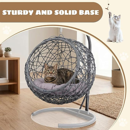 Hanging Cat Swing Bed with Stand, Rattan Egg Chair for Cats | Rattan Egg Chair Design, Soft Cushion, Stable Stand, Cozy Swinging Resting Spot For Cats And Small Dogs