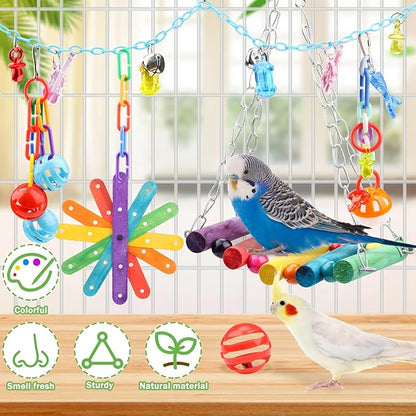 QUOZUO 9 Pcs Parakeet Cockatiel Bird Toys, Parrots Cage Accessories Swing Rope Hanging Wooden Perch Chewing Toy for Budgerigar, Parrot, Cockatiel