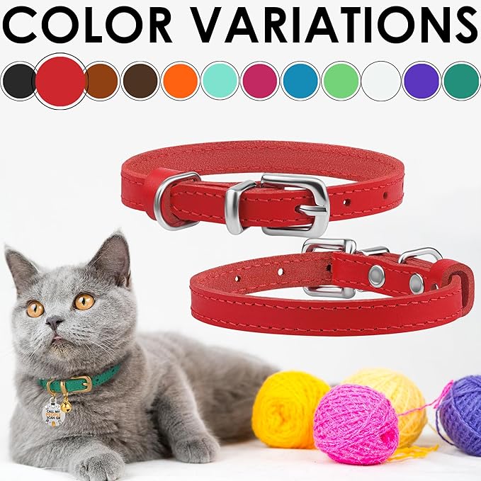 BRONZEDOG Leather Cat Collar with Removable Bells Non Breakaway Kitten QR Tag for Girl Boy (9" - 12" Cats/Mini Dogs, Red & Silver)