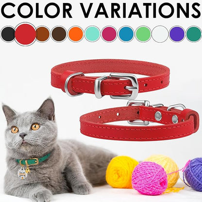 BRONZEDOG Leather Cat Collar with Removable Bells Non Breakaway Kitten QR Tag for Girl Boy (9" - 12" Cats/Mini Dogs, Red & Silver)