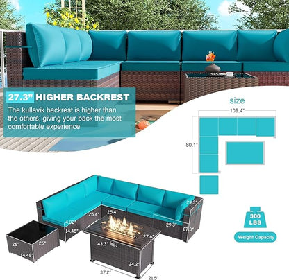 Kullavik 8 Pieces Outdoor Patio Furniture Set,Sectional Sofa Set with 43" 55000 BTU Gas Propane Fire Pit Table,Brown PE Rattan Wicker Patio Conversation Set,Turquoise Blue
