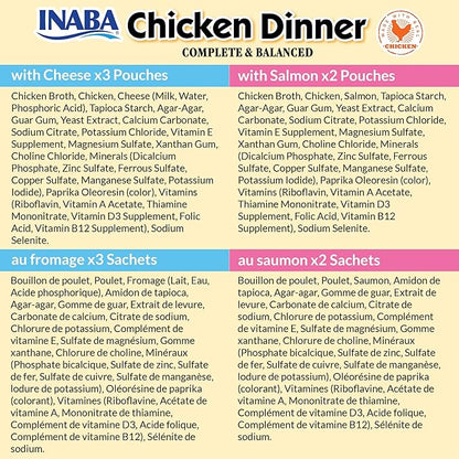 INABA Chicken Dinner for Dogs, Soft Pate Wet Dog Food, Complete & Balanced, 2.4 oz. Pouch, 15 Pouches, Cheese & Salmon Variety