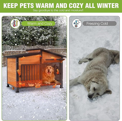 GUTINNEEN Heated Dog House Large Outdoor Insulated Dog Kennel Weatherproof Dog Shelter with Heated Pad, Insulated All-Round Thermal Liner, Chew-Proof Design for Dogs (Brown)