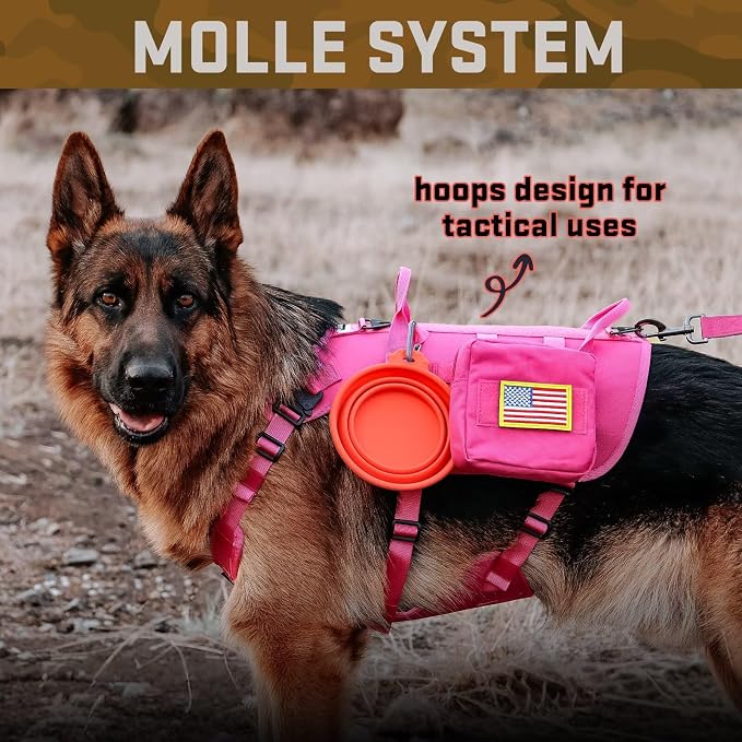 Forestpaw Pink Tactical Dog Harness Tactical Dog Collar with Bungee Leash Set,No Pull Military Dog Harness for Walking Training,Adjustable for Medium Dogs,Chest 17-25"