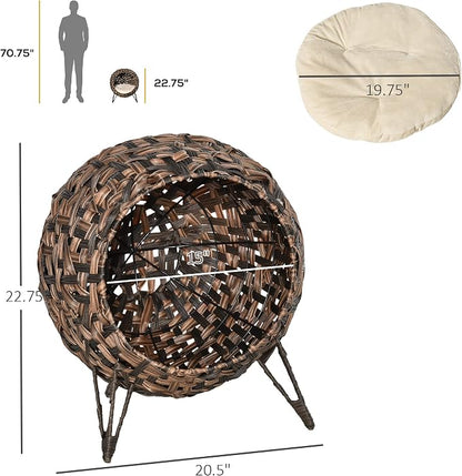 PawHut 20.5" Weaved Cat Bed with Cushion, Brown | Elevated Hand-woven Braided Banana Leaf Kitten House Condo