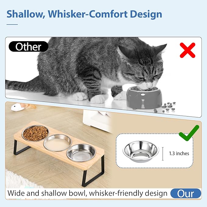 Elevated Cat Bowls, 15° Tilted Raised Cat Food and Water Bowl, Anti-Vomit & Whisker-Friendly Design, 3 Stainless Steel Bowls for Cats and Small Dogs