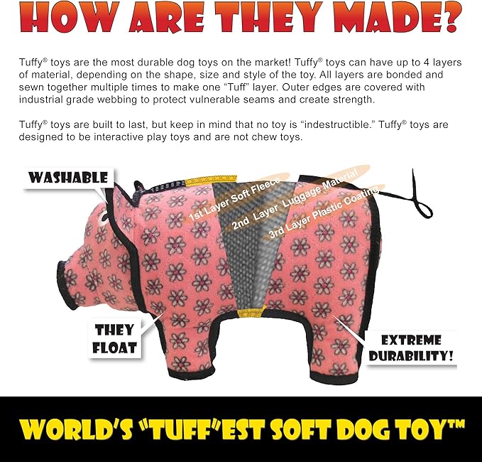 TUFFY® : 2 Pack Pig Dog Toy: Ultra Durable Plush Toy with Multiple Layers & Reinforced Seams, Washable and Floats, Original Construction