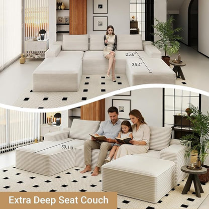 KAPEETOO U Shaped Boneless Sectional Couch with Chaise Ottoman, Giant Cloud Modular Sectional Sofa with Deep Seat, Oversize 3-Seater Boneless Couch for Living Room Bedroom Left Facing Chaise (White)