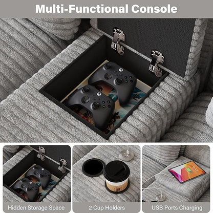 Modular Sectional Sofa with USB Cup Holders Storage, 143" U Shaped Cloud Couch Plush Corduroy Deep Seat Boneless Sofas with Double Chaise Lounge Sectional Couches Memory Foam for Living Room - Grey
