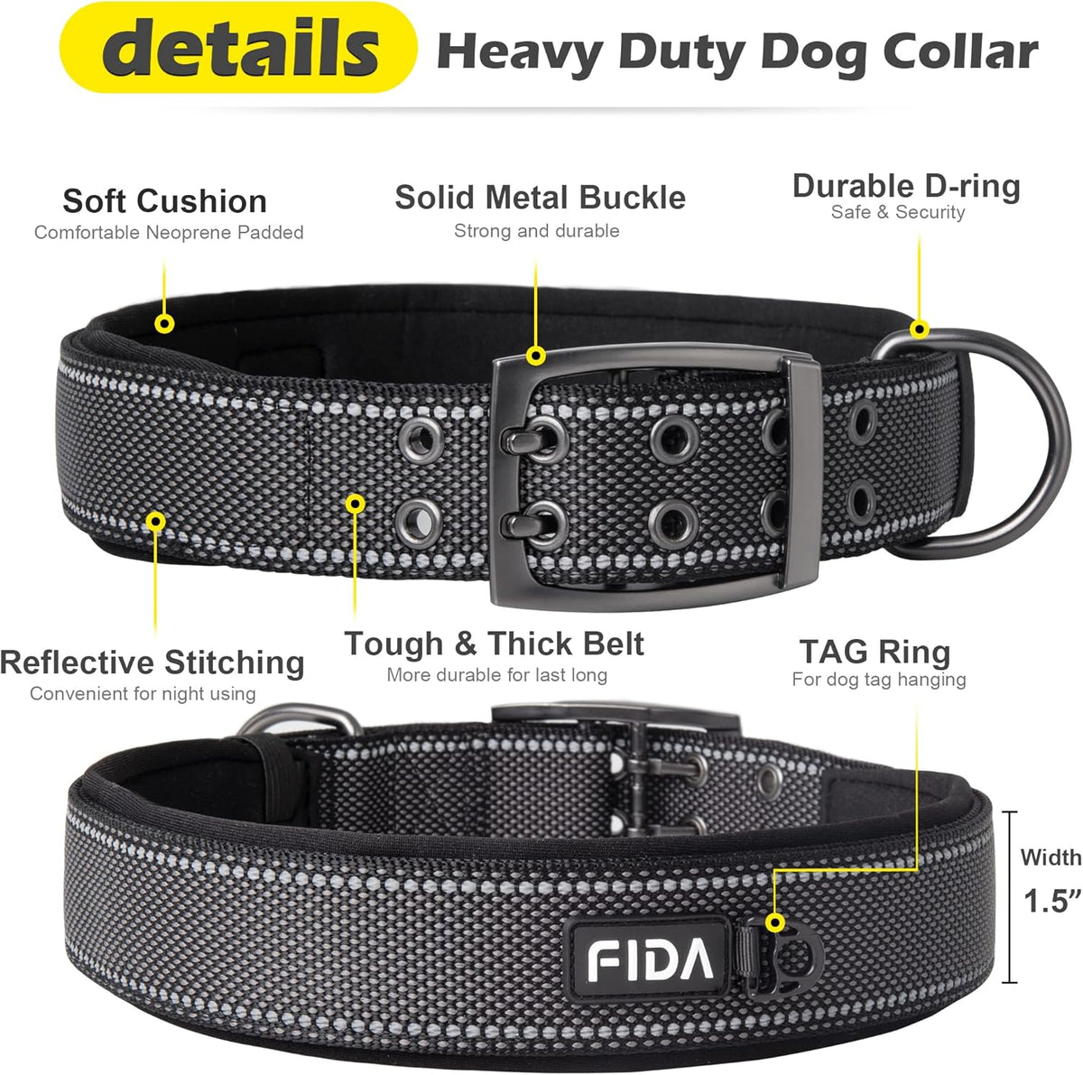 Fida Heavy Duty Dog Collar 1.5” Width, Ultra Soft Neoprene Padded, Adjustable Reflective Nylon Pet Collar with Two Metal Pin Belt Buckle for Large/X-Large Breeds (XL, Black)