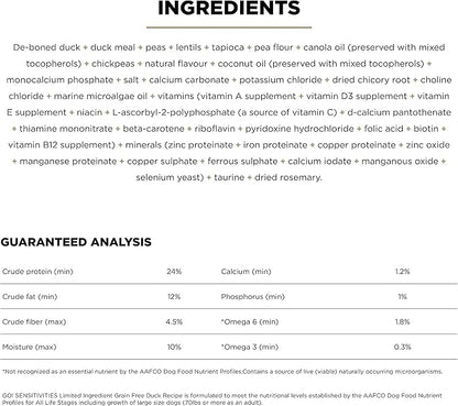 Go! Solutions Sensitivities Limited Ingredients, Grain-Free Dry Dog Food, Duck Recipe for Sensitive Stomach, 12 lb Bag