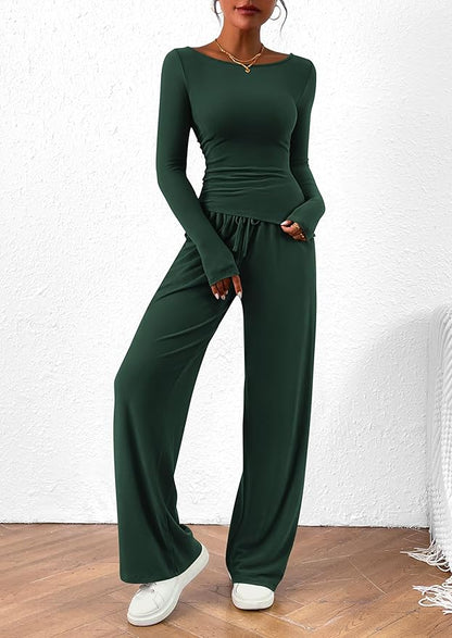 PRETTYGARDEN Women's 2 Piece Lounge Sets Asymmetrical Long Sleeve T Shirt Wide Leg Pants Casual Outfits Tracksuit