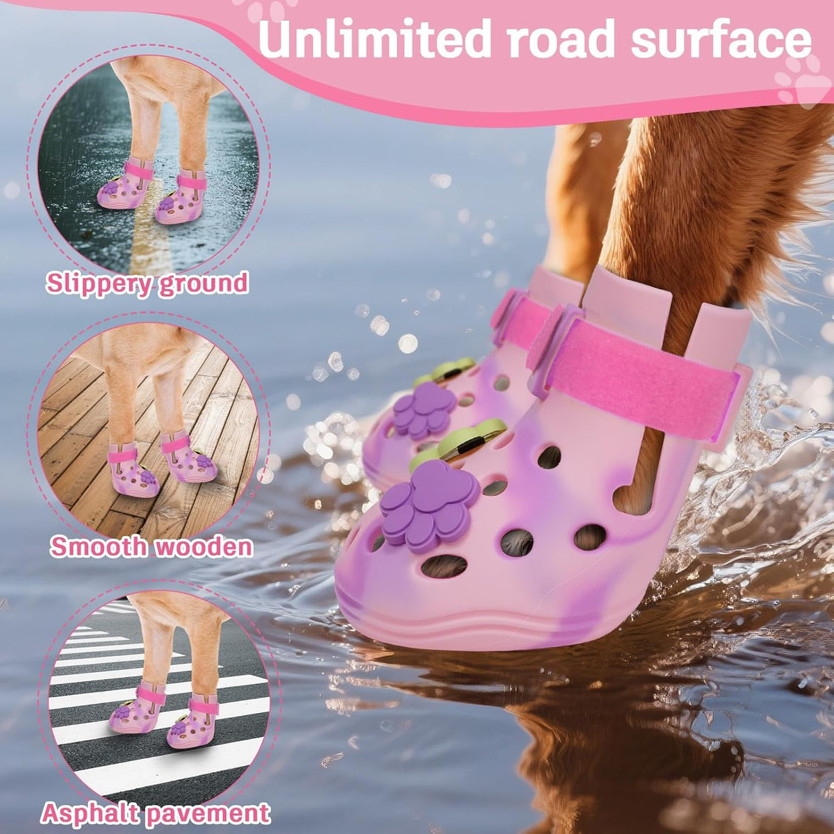 Dog Shoes for Hot Pavement, Adjustable Magic Tape Boots for Small, Medium & Large Dogs, Anti-Slip, Easy to Clean Paw Protectors for Beach, Outdoor & Hot Weather (Pink M)