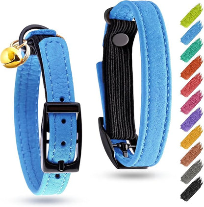 Leather Cat Collar with Bell & Elastic Strap - Pet Collar Leather - Kitten Collar - Small & Big Cat Collar for Boy & Girl Cats with Safety Elastic Strap (Blue, 8" - 12")