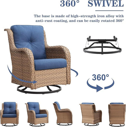 Belord Wicker Outdoor Furniture Patio Furniture Set - 6 Piece Patio Conversation Set with Swivel Rocker Chairs, Loveseat Sofa, Ottomans and Coffee Table, Blue Cushion